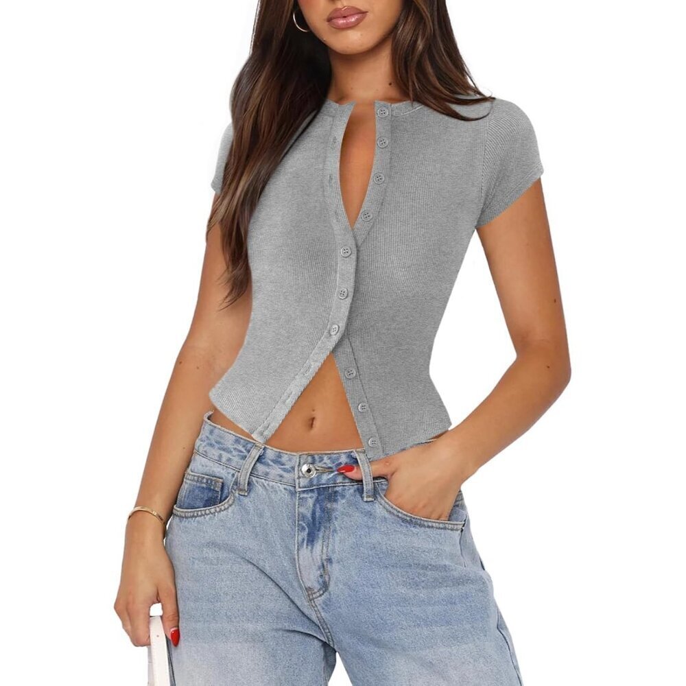 Women's Ribbed Knit Cap Sleeve Button Down Top Casual Y2K Slim Fit